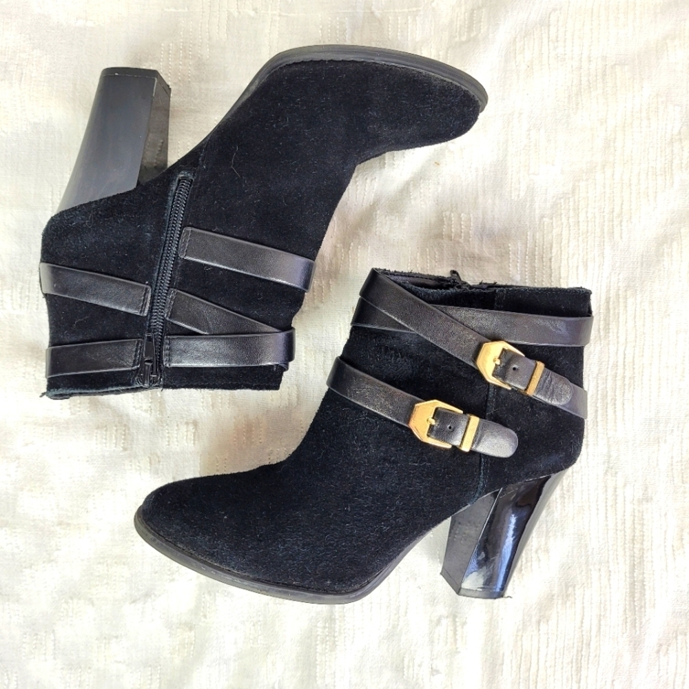 INC black suede boots ankle straps gold buckles patent heels dressy boho fancy 7